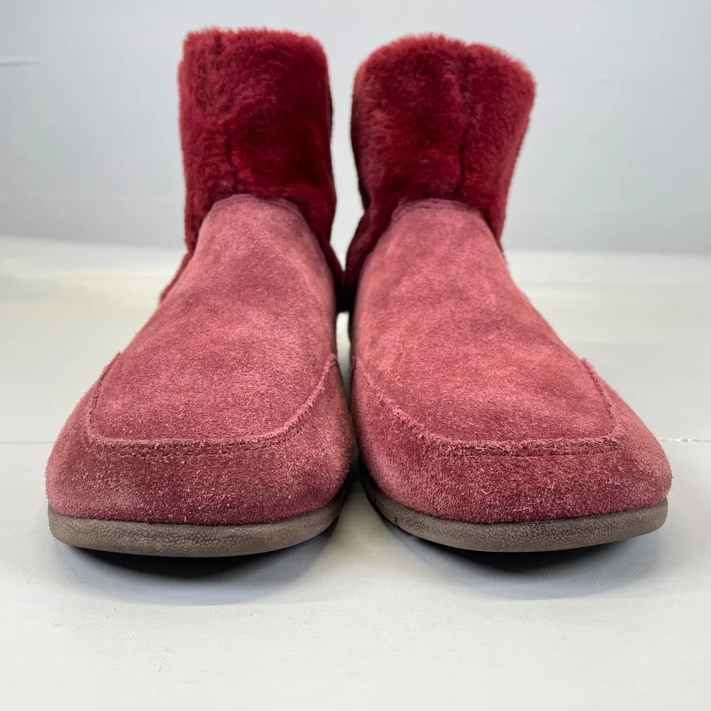 Vionic Maizie Ankle Boots Womens Size 7.5 Red Suede Faux Fur Pull On Shoes